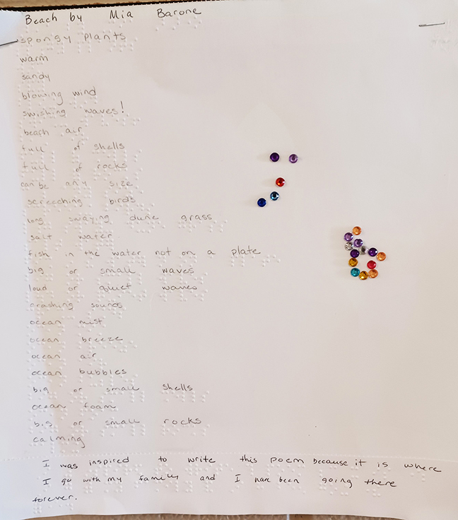 Mia Barone&rsquo;s poem in Braille and print.