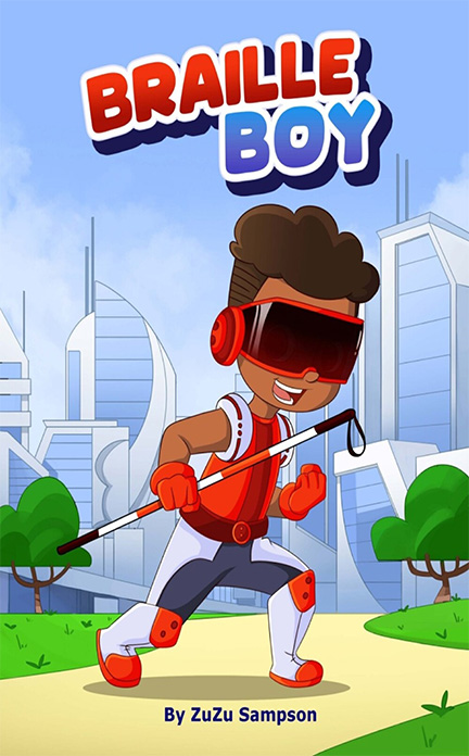 The cover of Braille Boy, showing a superhero holding his cane.