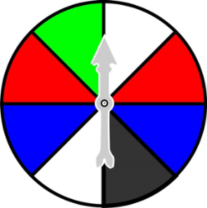 Print example of a spinner with eight coloured sectors. From 12 o'clock going clockwise, the colours are: white, red, blue, black, white, blue, red, green.
