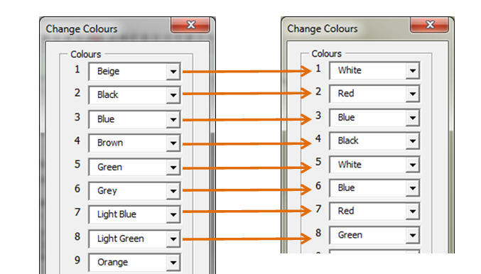 Two screen shots of Macro dialogue box for Spinner "Change Colours". Arrows show the changes that were made as follows: Beige changed to White, Black changed to Red, Blue unchanged, Brown changed to Black, Green changed to White, Grey changed to Blue, Light Blue changed to Red, and Light Green changed to Green.