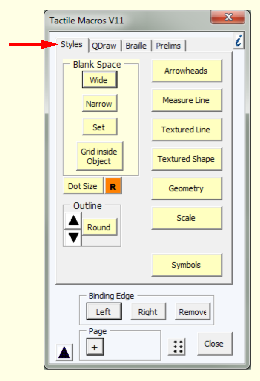 Screenshot of Tactile Macros Main Menu with the Styles tab active showing various options