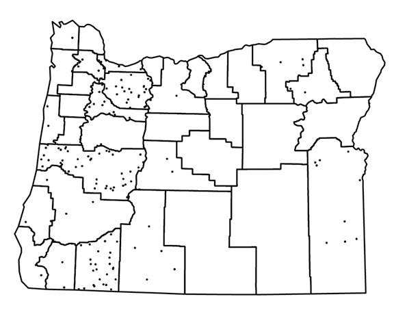 This figure uses small points or dots to represent population density and distribution throughout the state of Oregon. Population is represented per county.