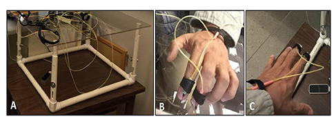 Figure 2 contains three images of the working system. The first image displays a plastic frame with an acrylic sheet placed on top and a leap motion tracking device on the table within the middle of the frame below. The second and third images are of a hand with vibration motors attached to the first and second fingers placed on top of the acrylic sheet displaying the system in use.