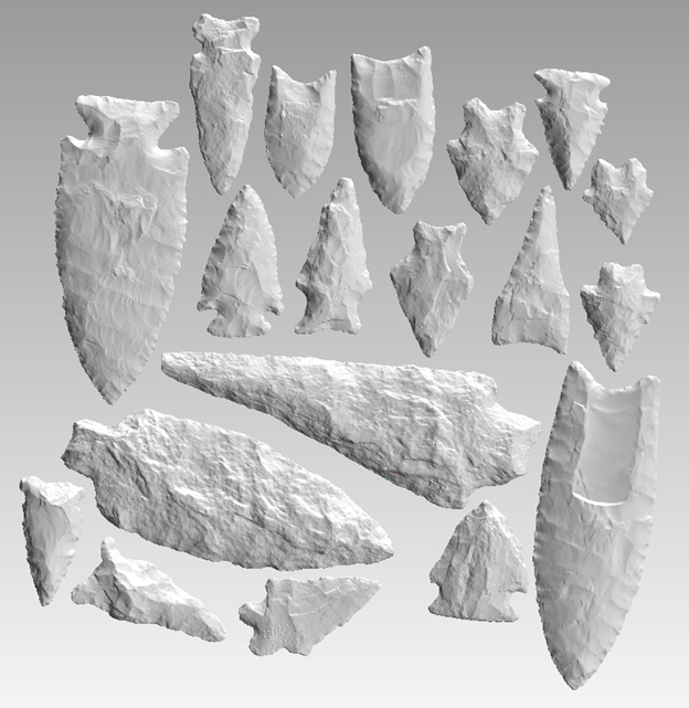 A set of 19 stone points arranged closely for
scanning by the 3-D print scanner.