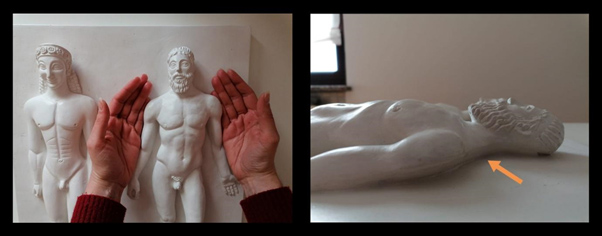 On the left, the user’s hands touch the “sottosquadro”, feeling the detached part of the Riace Bronze from the background. On the right, the “sottosquadro” in detail.  