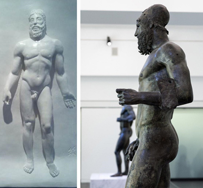 A comparison between Riace Bronzes. Statue B’s side view, on the right. National Archaeological Museum of Reggio Calabria, Italy.