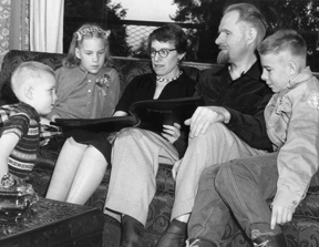 Pictured here is the tenBroek family in their Berkeley, California, home in 1958. Left to right they are Nicholas, age five; Anna, age ten; Mrs. tenBroek; Dr. tenBroek; and Jacobus (Dutch), age thirteen.