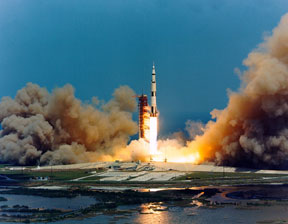A rocket about to blast off from the Kennedy Space Center