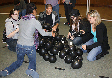 Pictured here is the team that managed to construct the tallest balloon tower. The groups were assigned the task of building the tallest structure they could, using balloons and a fixed amount of tape. Left to right they are Karlestrina Pettigrew (GA) Teacher of Tomorrow Program member, Sarah Patnaude (VA), Alex Castillo (NY) mentor, Katherine Leinum (IL), and Kaitlin Walford (NV).