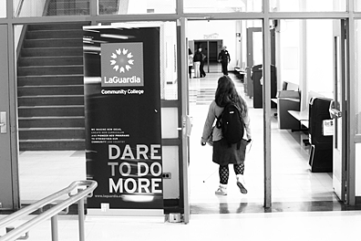 Nihal Erkan enters a building at LaGuardia Community College