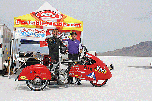 Dan Parker and Mark Riccobono pose with the motorcycle that made Salt Flats history.