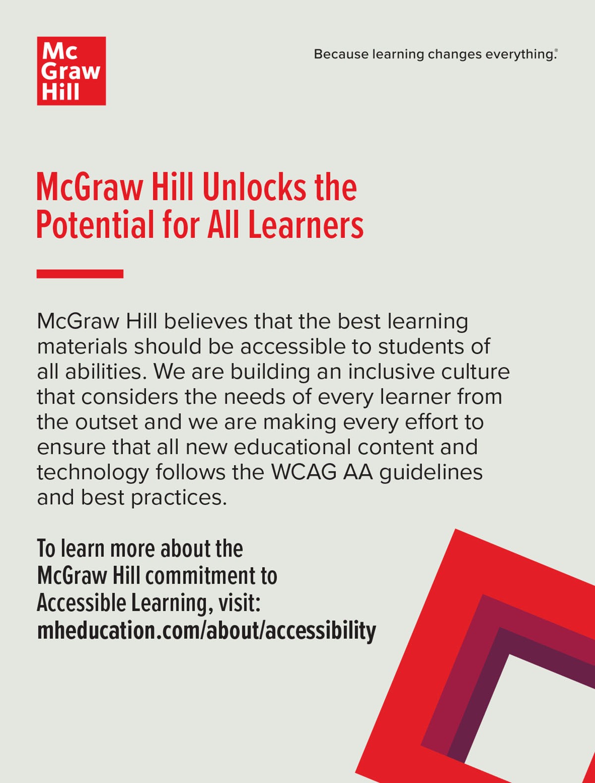 McGraw Hill Unlocks the Potential for All Learners. McGraw Hill believes that the best learning materials should be accessible to students of all abilities. We are building an inclusive culture that considers the needs of every learner from the outset and we are making every effort to ensure that all new educational content and technology follows the WCAG AA guidelines and best practices. To learn more about the McGraw Hill commitment to Accessible Learning, visit: mheducation.com/about/accessibility 