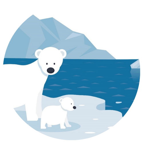 Polar bear parent stands near an ice sheet with cub
