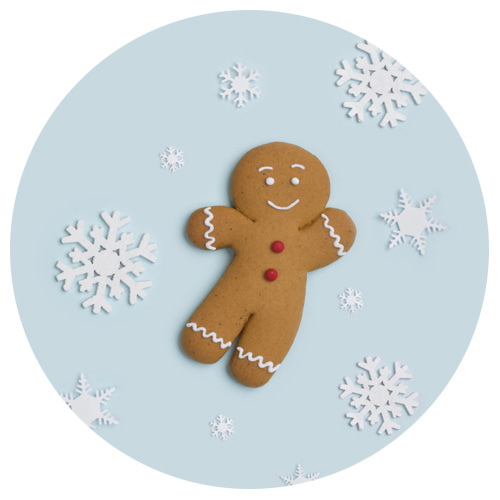 A smiling gingerbread cookie surrounded by snowflakes on a light blue background.