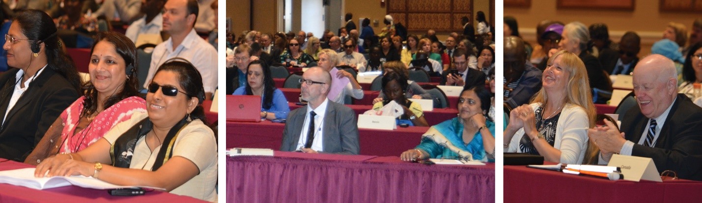 WBU general assembly. Three photos with people of various ethnicities who are listening and engaged in the conference