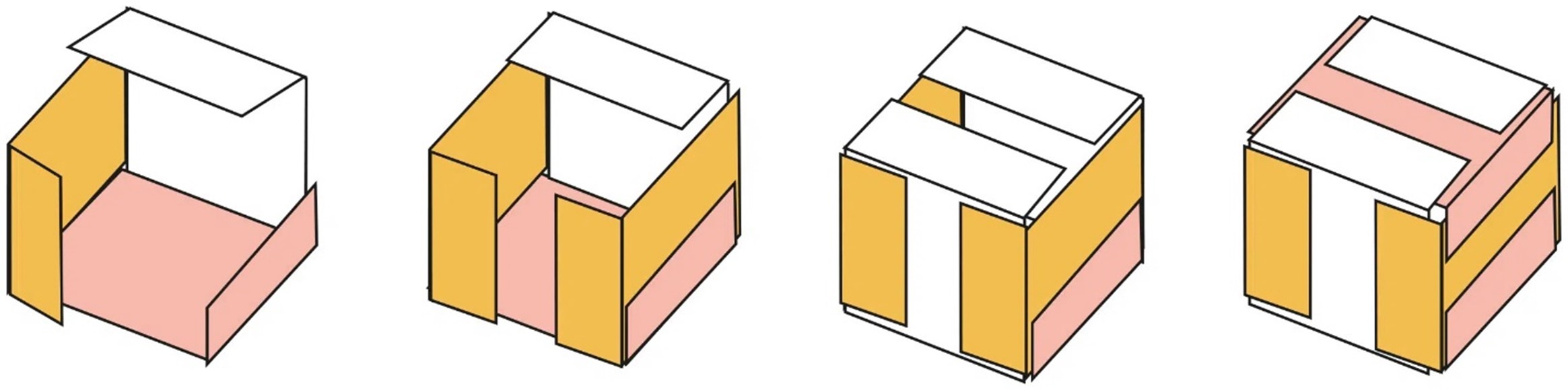 Step 4 image example. A progression of the steps to assemble a basic unit Menger sponge. 