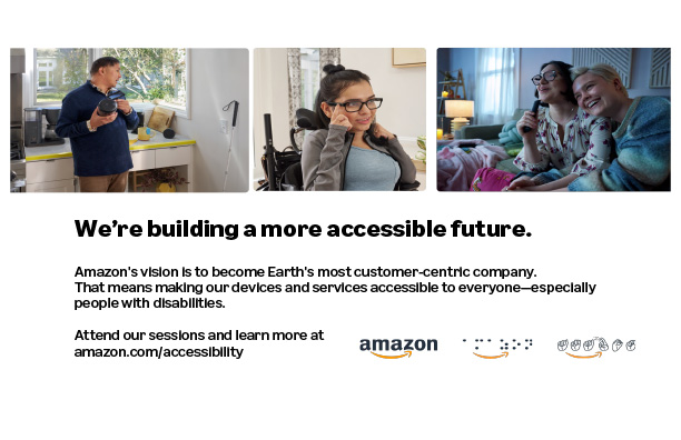Amazon logo in print, Braille, and ASL, and people using different Amazon devices