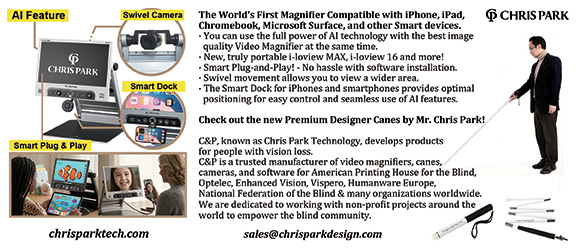Video magnifiers, cameras, smartphone Smart Dock, and a man holding a long white cane