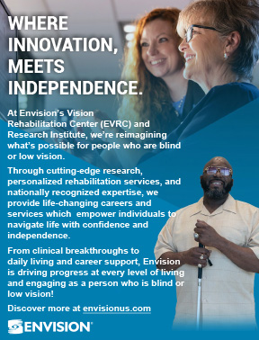 The Envision logo, two women looking at a computer screen, and a blind man standing with his white cane