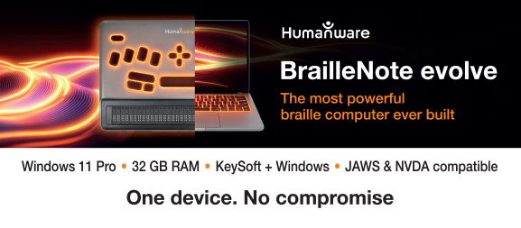 BrailleNote Evolve; laptop computer; the HumanWare logo