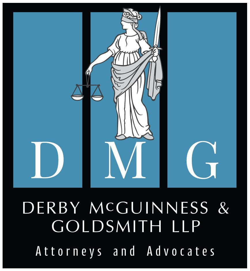 Derby McGuinness & Goldsmith LLP Attorneys and Advocates. Image Description: The letters D, M & G underneath Lady Justice, a marble statue of a woman blindfolded, holding a set of scales in one hand and a sword in the other