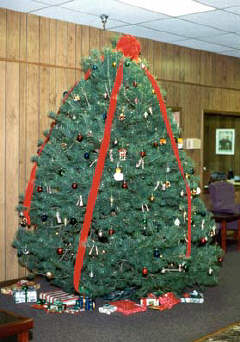 The same tree several days later decorated with ornaments and red ribbons with gifts below it.