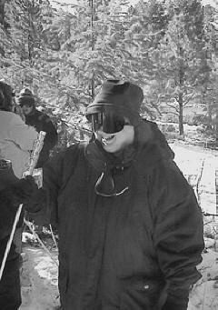 Karen Alexander under sleepshades during the CCB Christmas-tree-cutting expedition