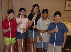 Blind and sighted teens get ready for the scavenger hunt.  Left to right, they are Tracy Yeager (VA);Michelle Povinelli (VA); Stephanie Povinelli (VA); Richard Solis (TX); and Thomas Panaro (NJ).