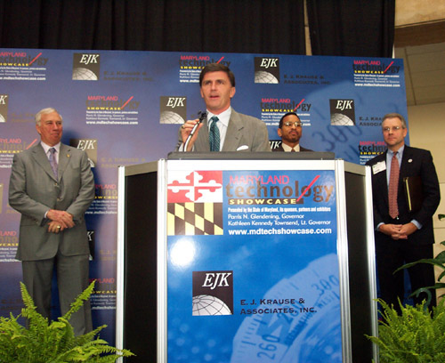 Dan Mote, president of the University of Maryland; Governor-Elect Ehrlich; Major F. Riddick, Jr., chairman of the Maryland Technology Showcase; and Jim Herbert, vice president of E. J. Krause and Associates, Inc.
