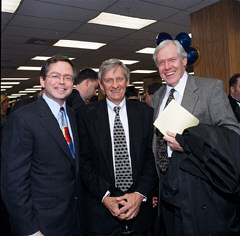 Jim Fruchterman, Deane Blazie, and Jim Halliday chat together in the tenBroek  Library.
