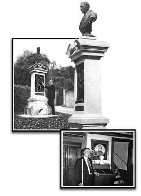 The central and left panels of this collage are photographs of the monument to Louis Braille in the central square of Coupvray, France.   The square, where as a child Braille would have spent much time, is now known as Braille Square.  The bust at the top of the monument  was sculpted in bronze in 1887 by Etienne Leroux from the death mask of Braille created by Jouffroy.   In the left panel Kenneth Jernigan examines a low-relief depiction of Louis Braille teaching a blind child to read that appears on one side of the monument to Braille.  In the right panel Dr. Jernigan stands in one of the downstairs rooms in the Braille home now a museum.   A circular portrait of Louis Braille hangs on the wall behind him.