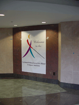 The Institute�s first-floor atrium with its welcome banner