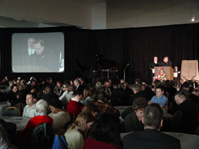 Hundreds of Federationists watch a video presentation celebrating Betsy Zaborowski�s accomplishments.