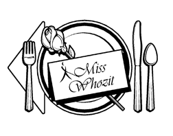 A formal place setting, complete with placecard bearing the Whozit logo and the words "Miss Whozit."
