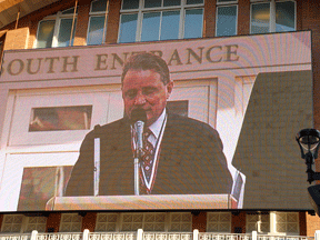 President Maurer�s image was projected on large screens in the front of Victory Plaza. Here he delivers his address to the enthusiastic marchers.
