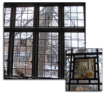 The leaded window pictured here is in the parlor. One of the painted glass medallions in it has been enlarged and superimposed on it. Charles Pillsbury imported a number of painted glass medallions from European churches and castles and incorporated them in the leaded glass of many windows on the first and second floors of the mansion. The medallions are mostly dated, so it is clear that they were made in the seventeenth century.