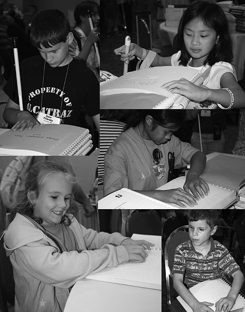 Here are several photos of individual children absorbed in reading Braille books. None are identified, but whatever the age, gender, or national origin, these are all satisfied Braille readers.