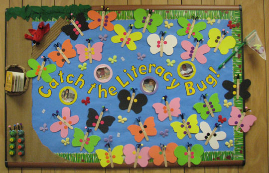 This spring-themed bulletin board features 26 large, colorful butterflies.