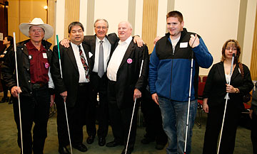The Iowa delegation to the Washington Seminar had breakfast with their Senator, Tom Harkin, while they were in town. Visible from left to right are Ted Hart, Curtis Chong, Senator Harkin, NFB of Iowa President Michael Barber, Jeremy Ellis, and Miranda Morse.