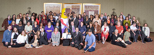 California Federationists display their Meet the Blind Month proclamation.