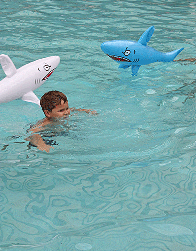 Nick Oliver has to swim across the shallow end of the pool as adult volunteers from the NOPBC “attack” using inflatable sharks
