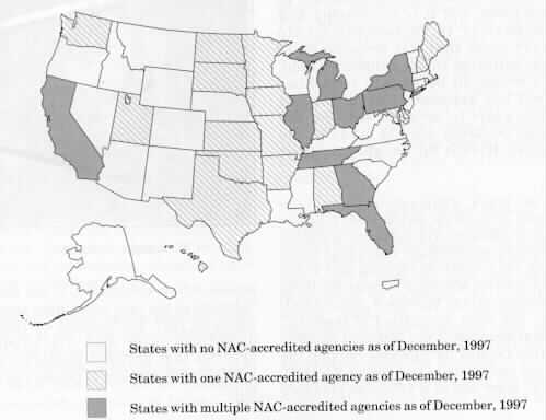 The graphic shows a 
United States map The states with no NAC agencies are unshaded. Those with one 
NAC agency have cross-hatching, and those with more than one NAC agency are 
solidly shaded.]