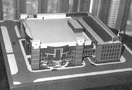 Picture of the architect's model of the new building, on display in the Jernigan suite.