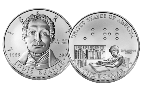The obverse and reverse of the Louis Braille Bicentennial Commemorative Coin