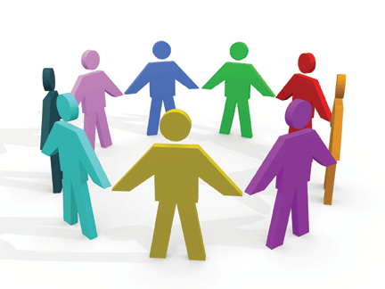 Stick people of all different colors form a circle of support.