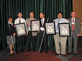 L to R: Eileen Ley, Director of Diabetes Initiatives, NFB, Jerry Munden, VP of Sales, Diagnostic Devices, Inc., Dave Raistrick, VP, En-Vision America, Inc., Chad Allen, Business & Industry Development, En-Vision America, Inc., Steve Shaya, VP, J&B Medical, Inc., and Bob Hoyt, A+ Program Coordinator, NFB.