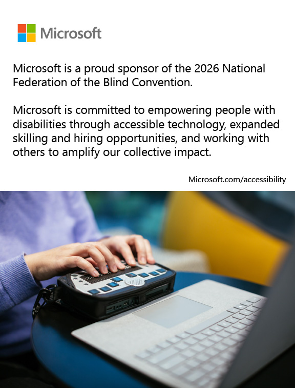 Microsoft logo and a person using a Braille display with a laptop computer