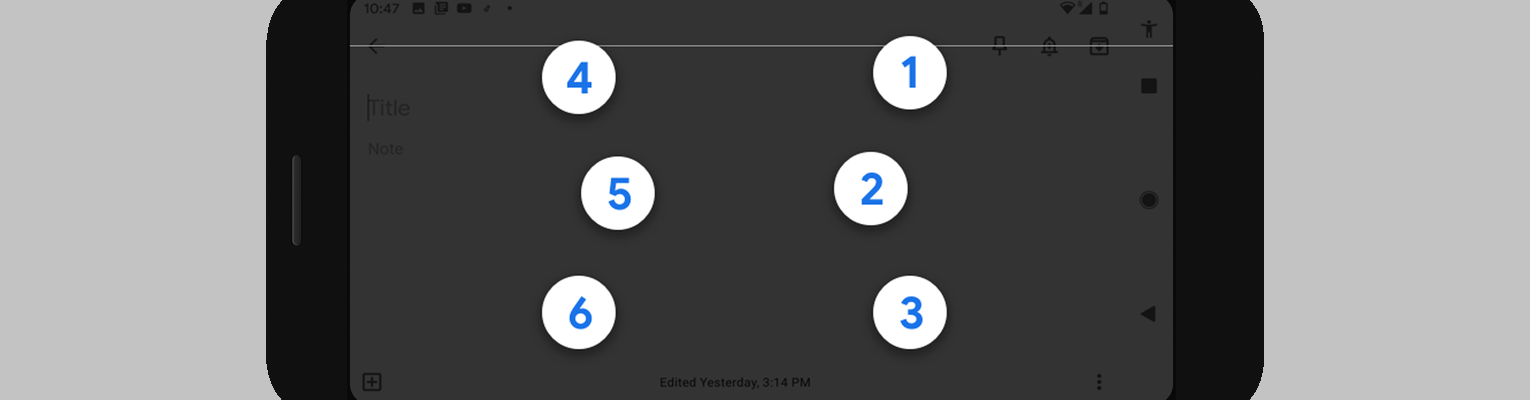 An Android device screen showing the numbers 4, 5, and 6 on one side, and 1, 2, and 3 on the other; photo credit: Google.