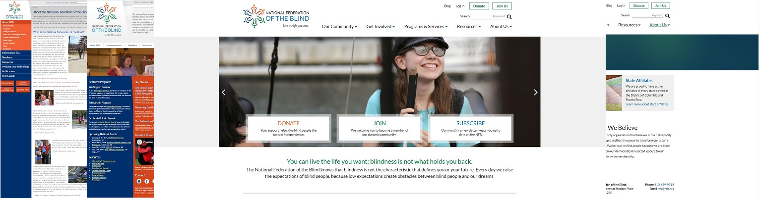 Screenshots of our previous homepage and About Us pages next to screenshots of our new homepage and About Us pages.