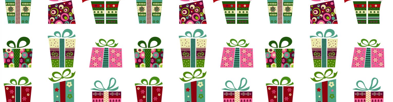 Drawings of various presents wrapped in holiday wrapping paper.